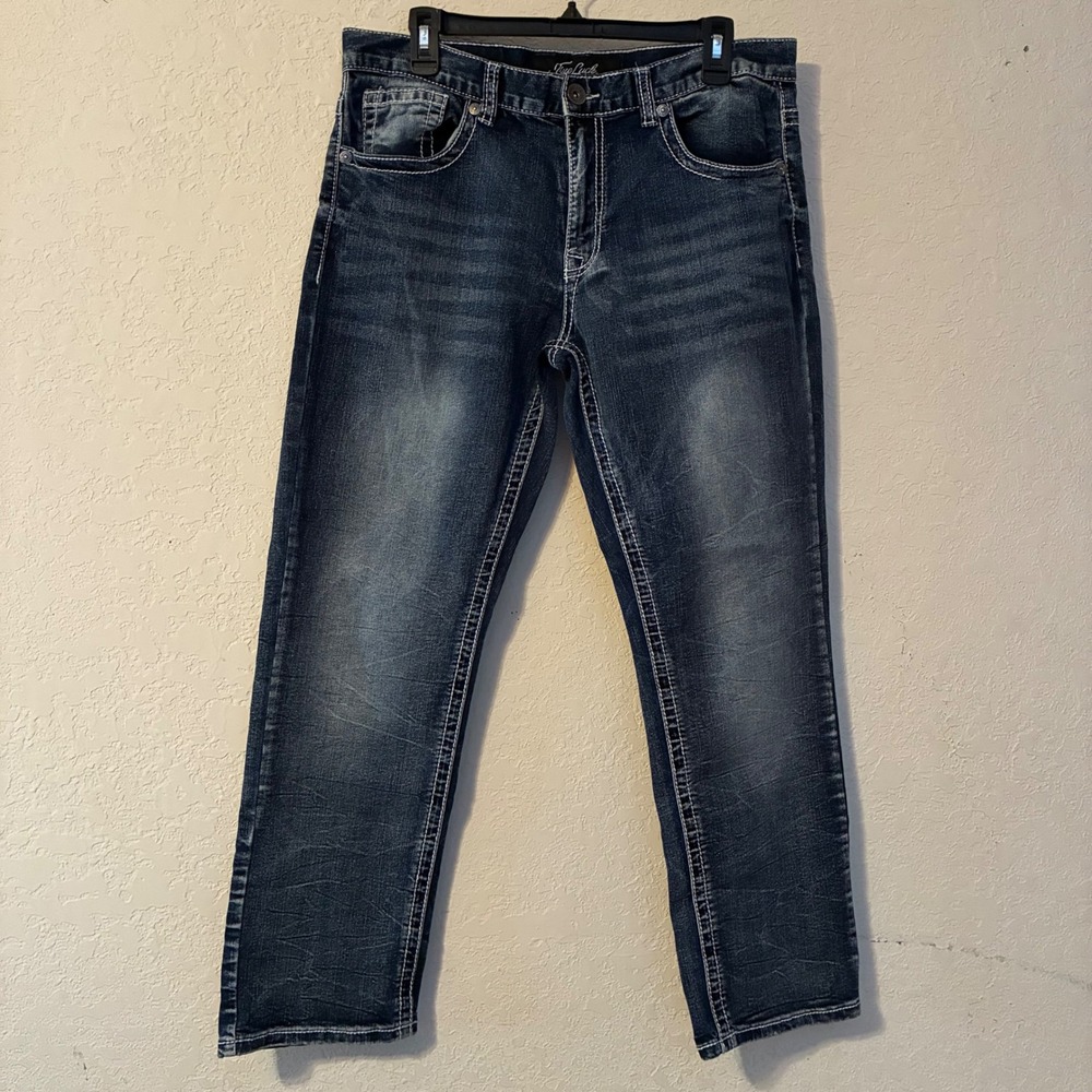 True Luck Mens Dark Wash Straight Leg Jeans Thick Contrast Stitch 34x30 Street